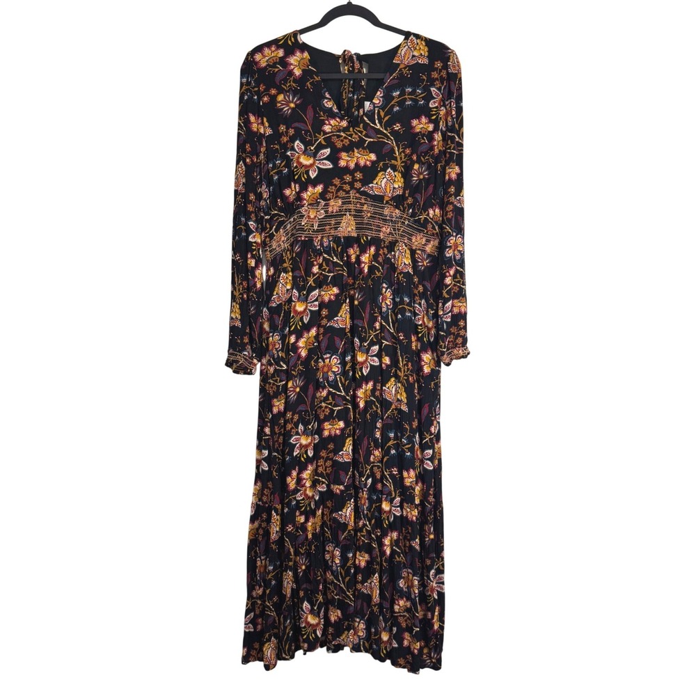 Garnet Hill Floral Smocked Empire Waist Maxi Dress Black Multi Size 14